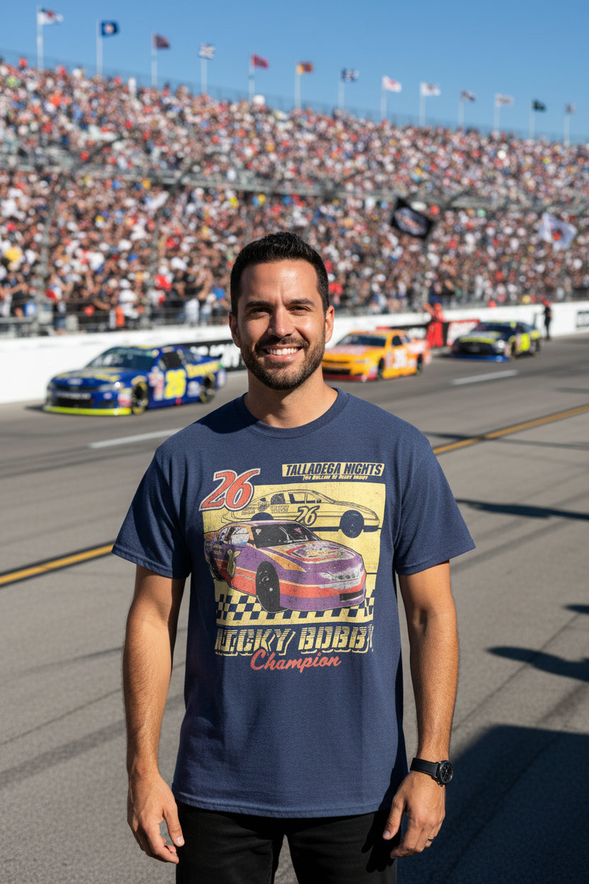 man wearing a Talladega Nights tee TDN547-NVYHTS, TDN547-NVYHTM, TDN547-NVYHTL, TDN547-NVYHTXL, TDN547-NVYHTXXL, TDN547-NVYHTXXXL, TDN547-NVYHTXXXXL, TDN547-NVYHTXXXXXL