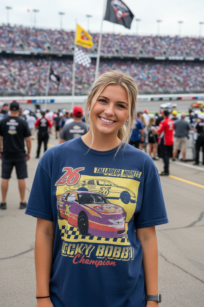 woman wearing a Talladega Nights shirt TDN547-NVYHTS, TDN547-NVYHTM, TDN547-NVYHTL, TDN547-NVYHTXL, TDN547-NVYHTXXL, TDN547-NVYHTXXXL, TDN547-NVYHTXXXXL, TDN547-NVYHTXXXXXL