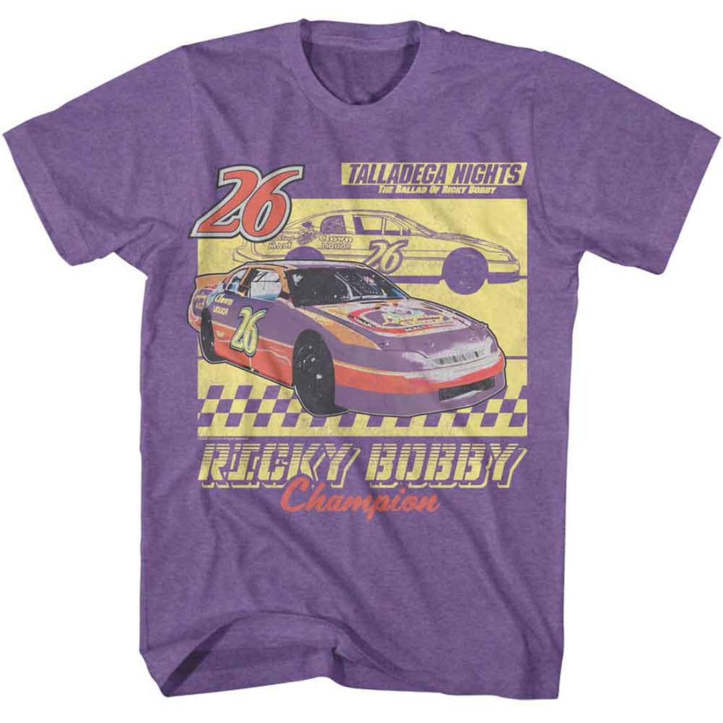 Purple Talladega Nights t-shirt with a race car graphic and text on a white background