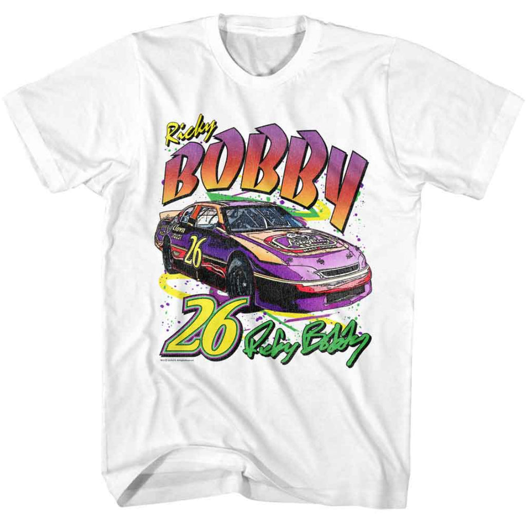 White Talladega Nights t-shirt with a colorful race car graphic and 'Bobby' text on a white background