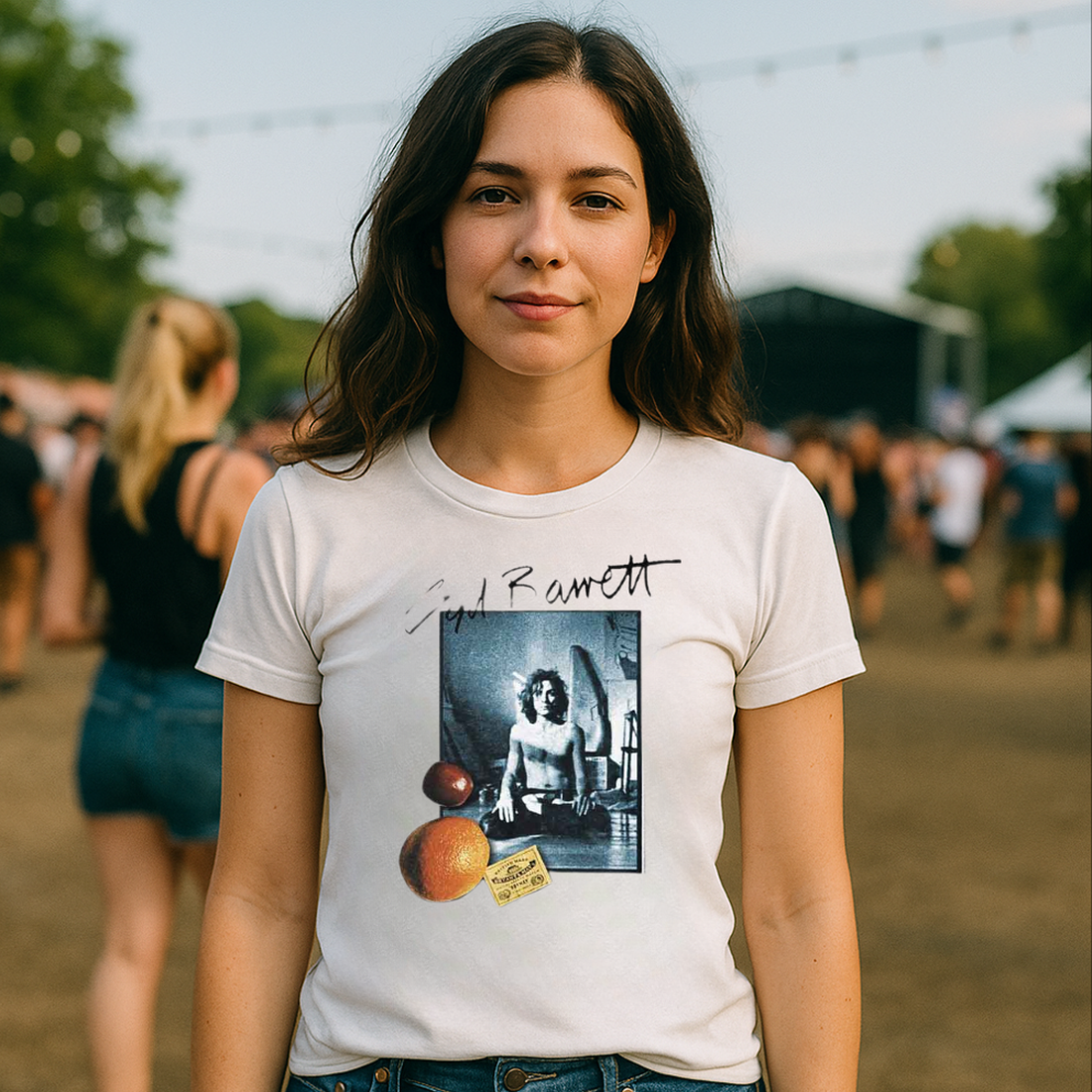 Woman wearing a white SYD BARRETT t-shirt with a graphic design at an outdoor event SYD502S, SYD502M, SYD502L, SYD502XL, SYD502XXL, SYD502XXXL, SYD502XXXXL, SYD502XXXXXL