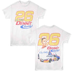 White Talladega Nights t-shirt with '26 Dennit Racing' design on front and back