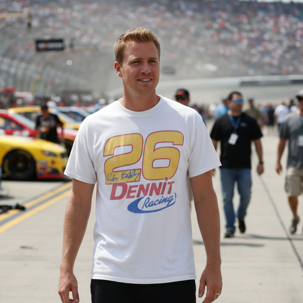 MAN WEARING White t-shirt with '26 Dennit Racing' design on front and back TDN554S, TDN554M, TDN554L, TDN554XL, TDN554XXL, TDN554XXXL, TDN554XXXXL, TDN554XXXXXL
