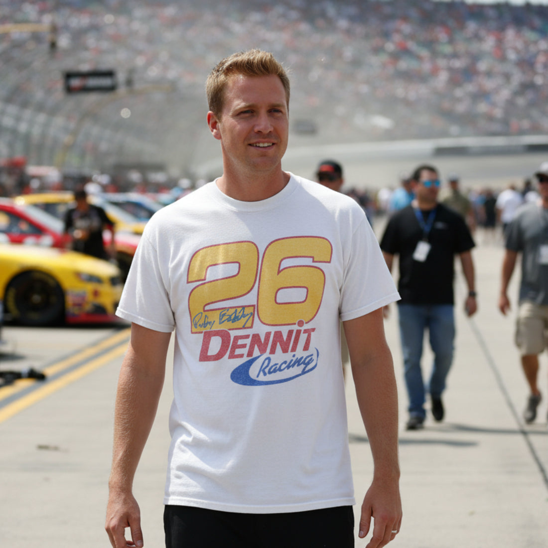 MAN WEARING White t-shirt with '26 Dennit Racing' design on front and back TDN554S, TDN554M, TDN554L, TDN554XL, TDN554XXL, TDN554XXXL, TDN554XXXXL, TDN554XXXXXL