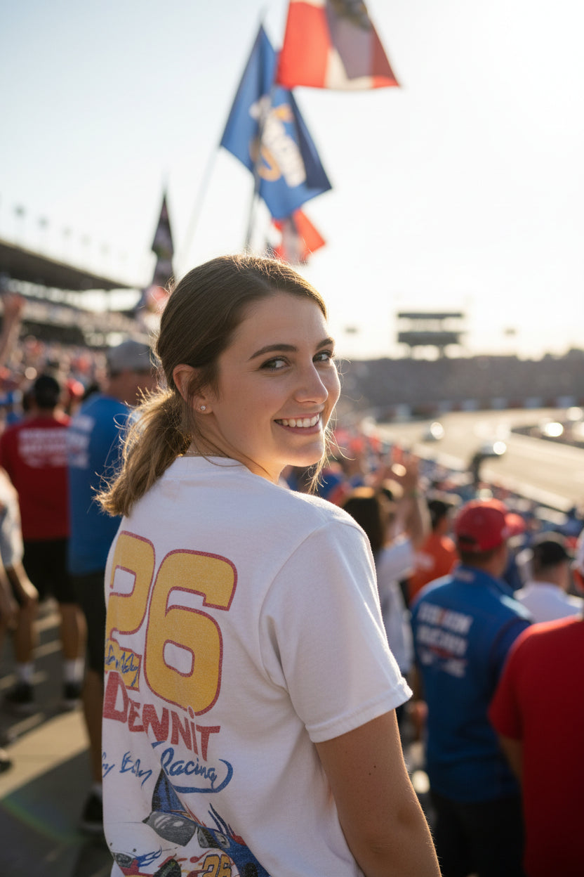 WOMAN WEARING White t-shirt with '26 Dennit Racing' design on front and back TDN554S, TDN554M, TDN554L, TDN554XL, TDN554XXL, TDN554XXXL, TDN554XXXXL, TDN554XXXXXL