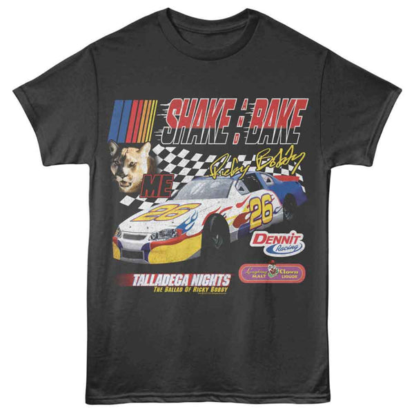 Black Talladega Nights t-shirt with racing car and 'Shake N Bake' graphic on a white background