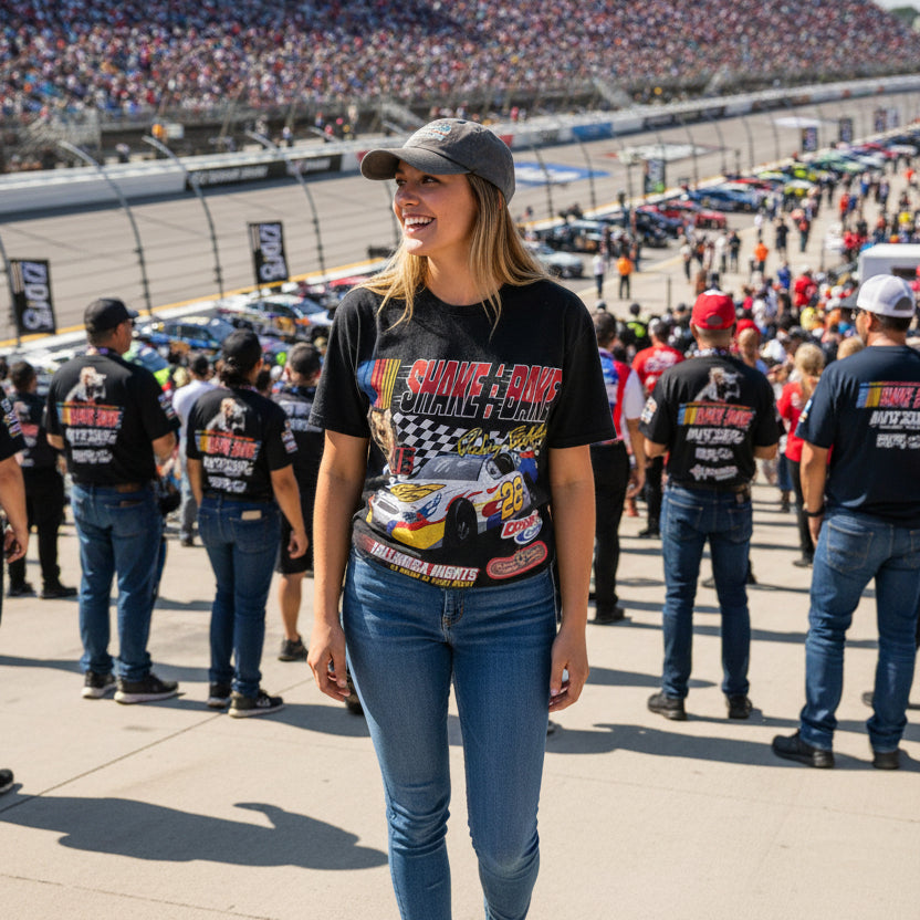 woman wearing Talladega Nights Shake n Bake tee TDN555S, TDN555M, TDN555L, TDN555XL, TDN555XXL