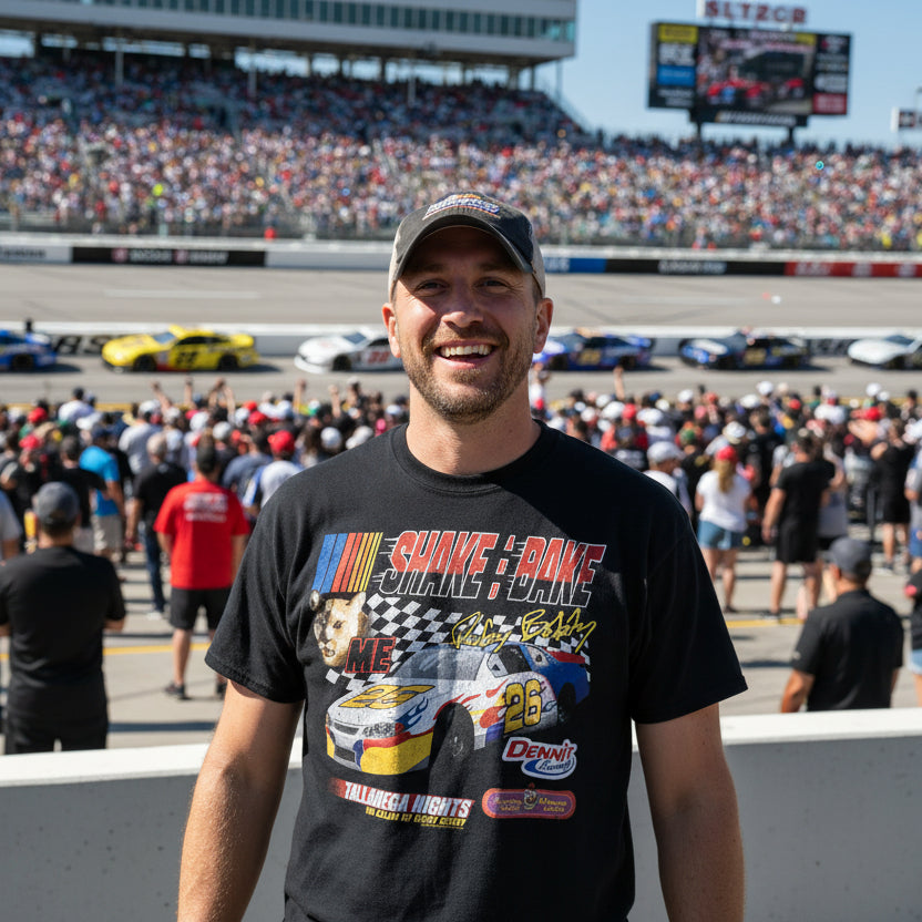 man wearing Talleadega Nights tee TDN555S, TDN555M, TDN555L, TDN555XL, TDN555XXL