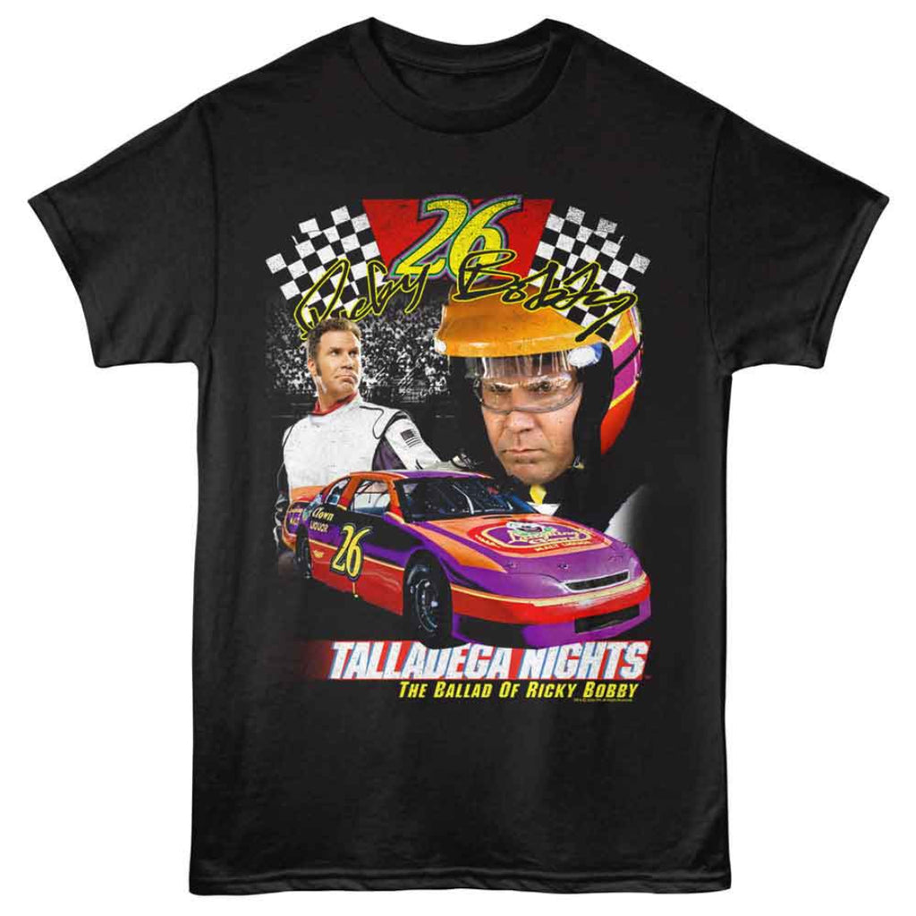 Black t-shirt with 'Talladega Nights' graphic featuring a race car and two men.