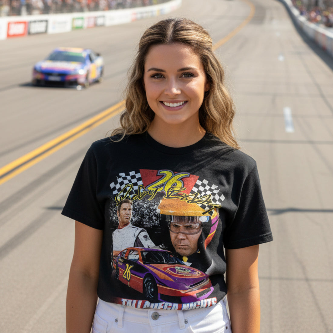 woman wearing Black t-shirt with 'Talladega Nights' graphic featuring a race car and two men. TDN557S, TDN557M, TDN557L, TDN557XL, TDN557XXL, TDN557XXXL, TDN557XXXXL, TDN557XXXXXL