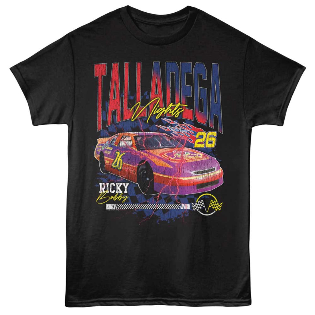 Black t-shirt with a colorful race car graphic and 'Talladega Nights' text on a white background