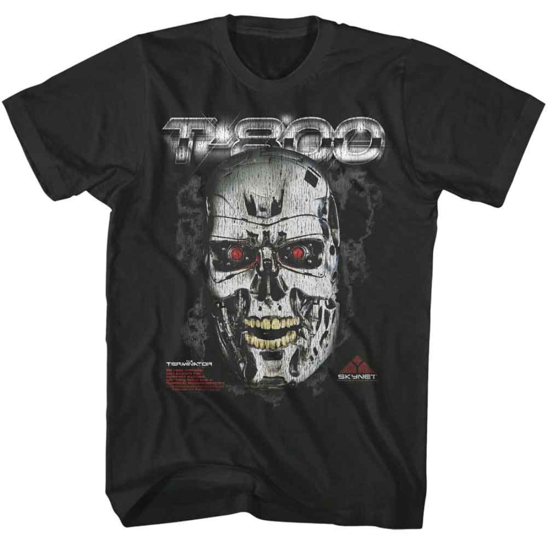 Black t-shirt with a robot skull design and 'Terminator' text on a white background