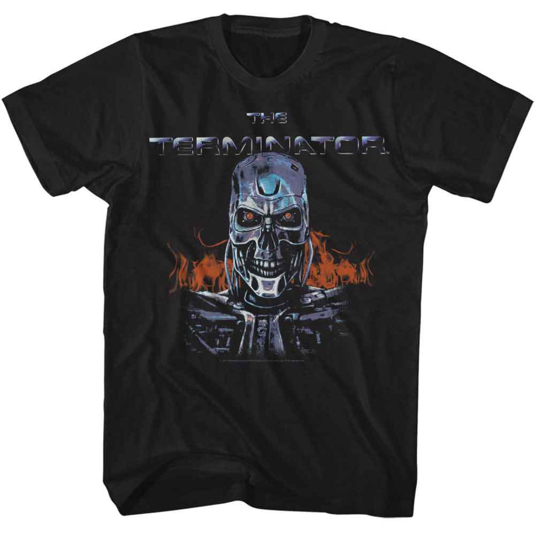 Black t-shirt with 'The Terminator' graphic design on a white background