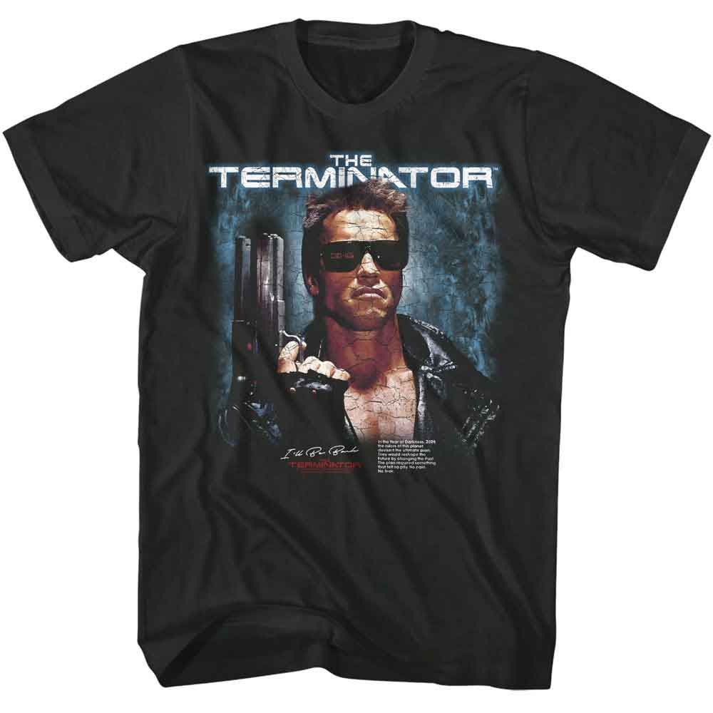dark grey t-shirt with 'The Terminator' graphic design featuring a character holding guns.