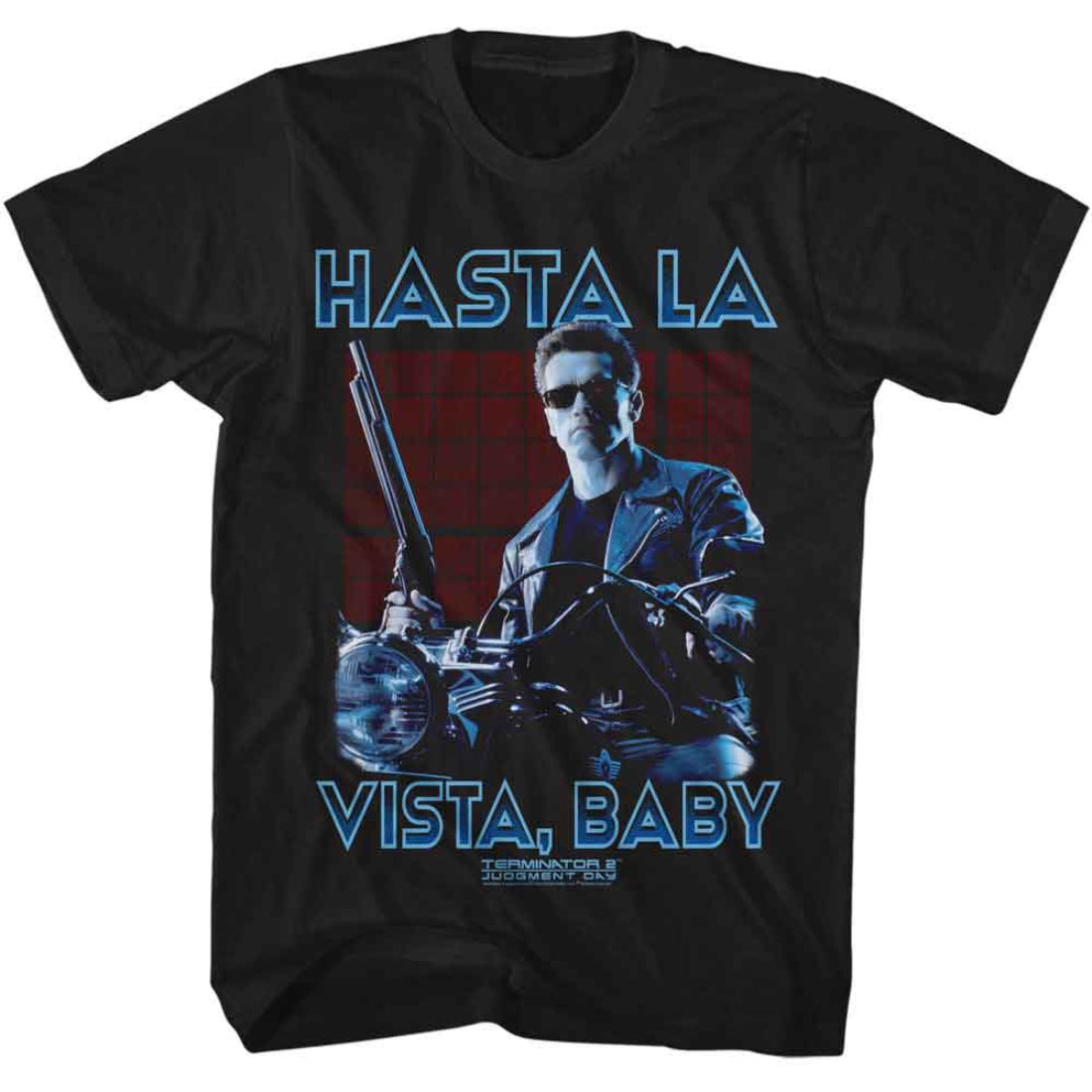 Black t-shirt with a graphic of The Terminator holding a gun and text 'HASTA LA VISTA, BABY' on a white background.