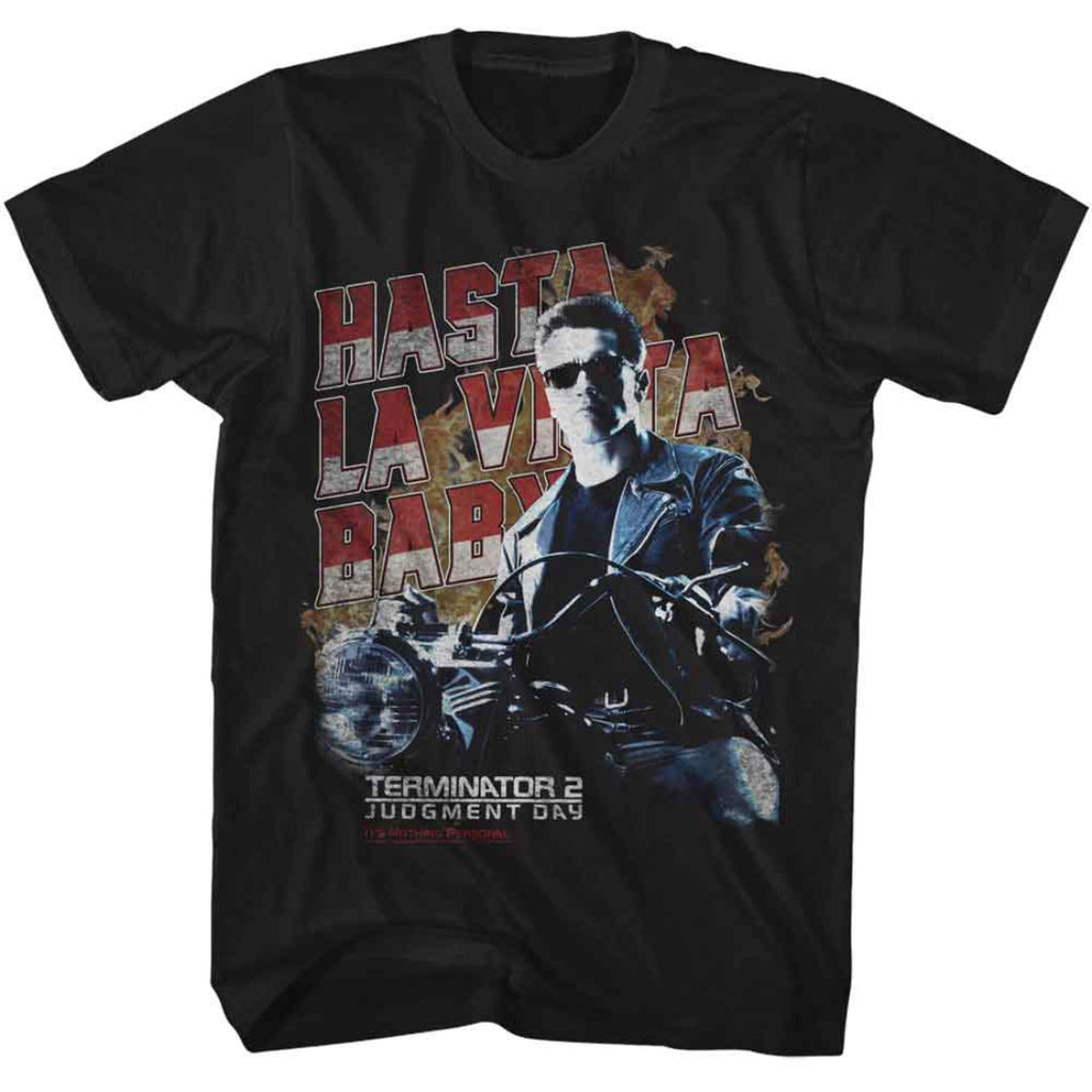 Black t-shirt with 'Hasta La Vista Baby' text and Terminator 2 graphic on a white background
