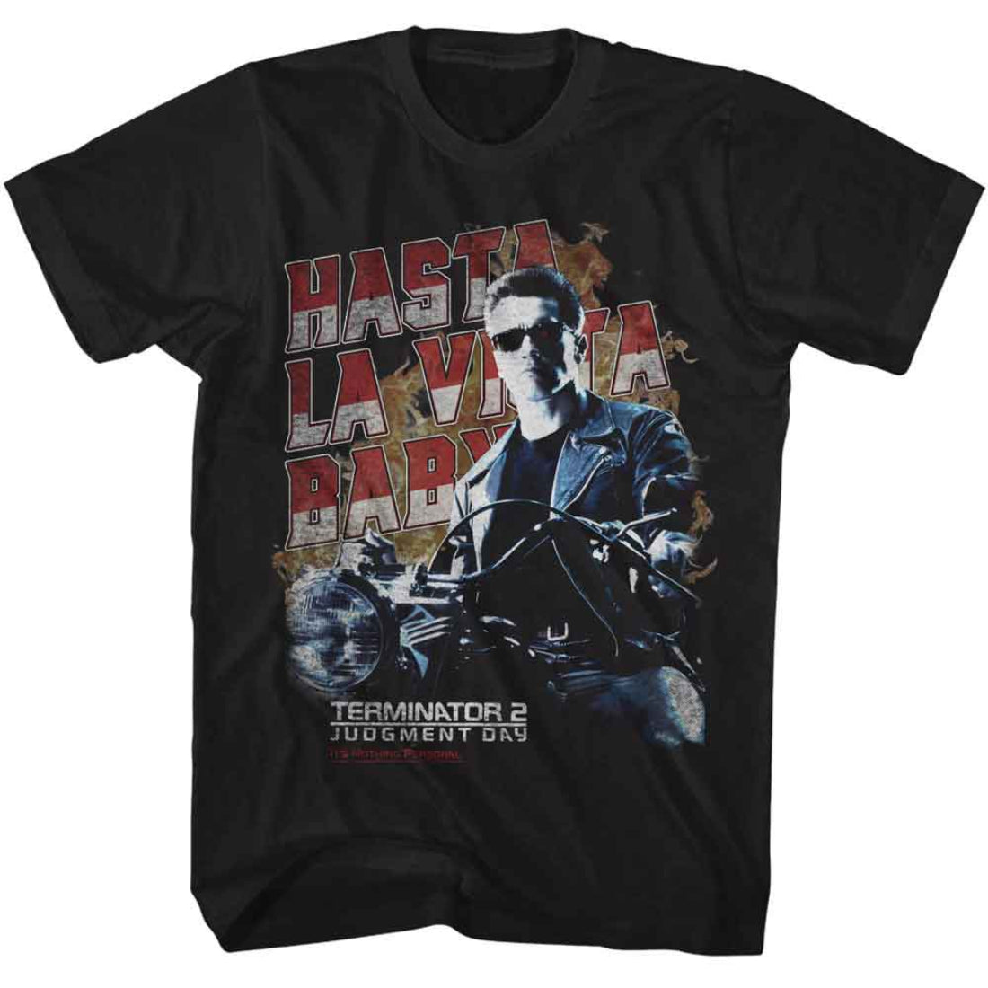 Black t-shirt with 'Hasta La Vista Baby' text and Terminator 2 graphic on a white background