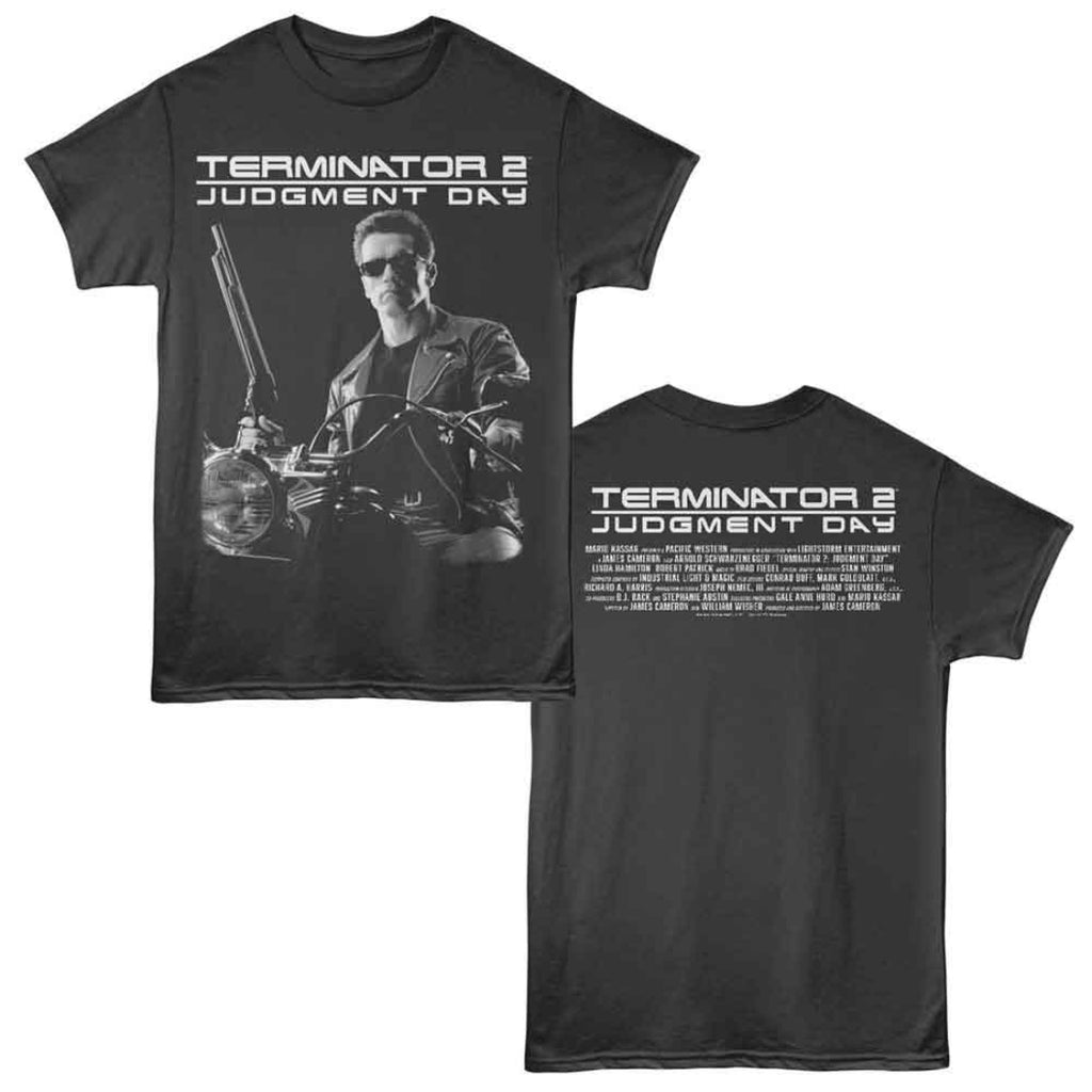 Black t-shirt with 'Terminator 2 Judgment Day' design featuring a character holding a gun, on a white background.