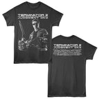 Black t-shirt with 'Terminator 2 Judgment Day' design featuring a character holding a gun, on a white background.