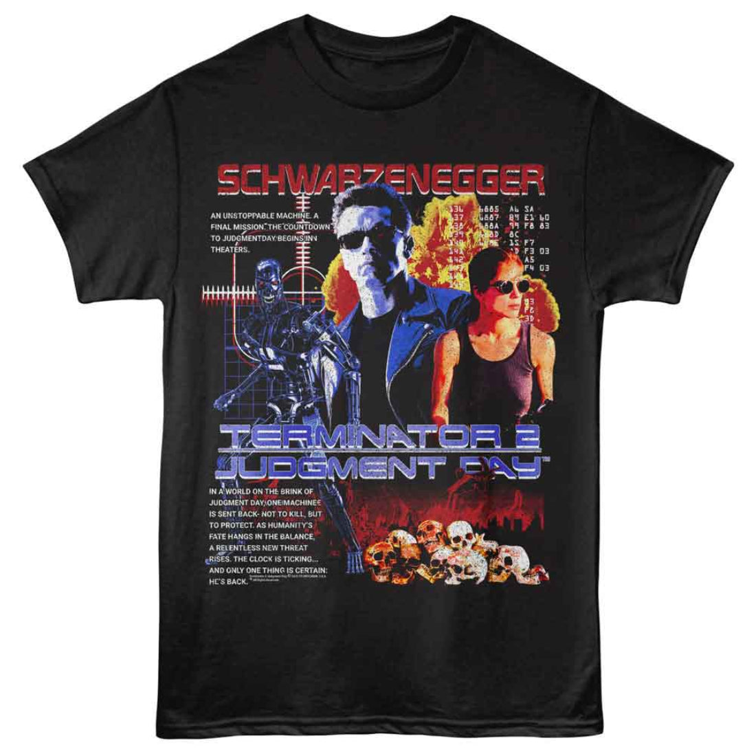 Black t-shirt with 'Terminator 2: Judgment Day' movie poster design featuring Arnold Schwarzenegger and characters from the film.