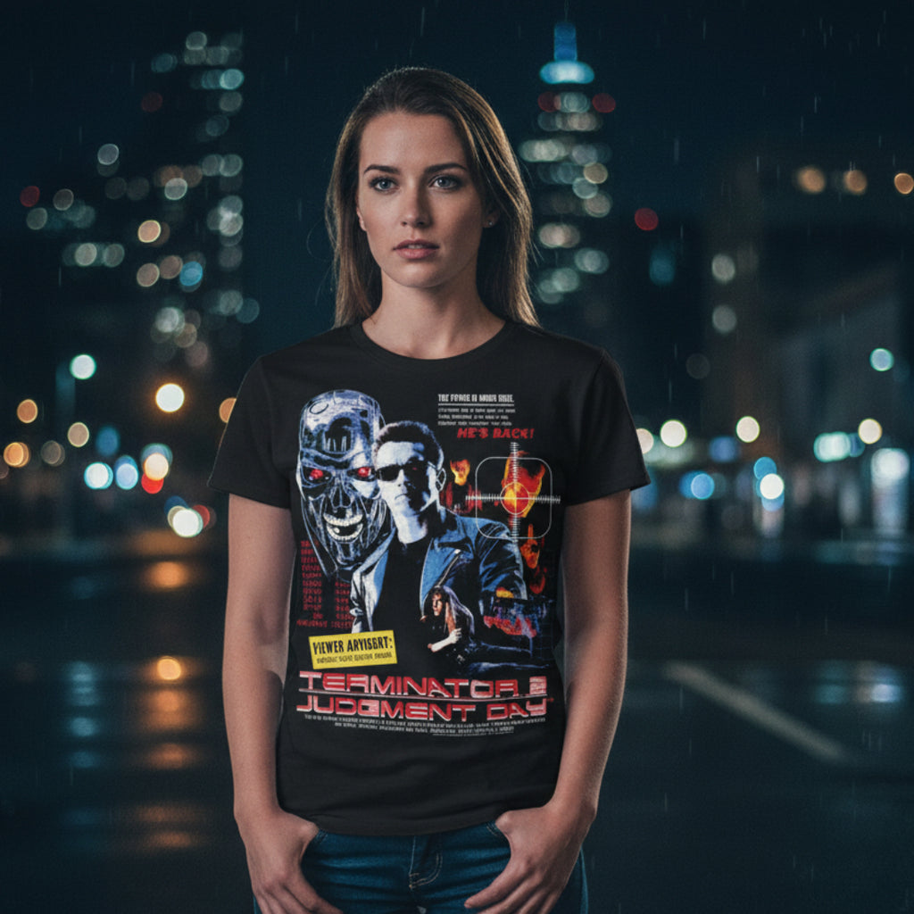 woman wearing Black t-shirt with Terminator graphic design TERT512S, TERT512M, TERT512L, TERT512XL, TERT512XXL, TERT512XXXL, TERT512XXXXL, TERT512XXXXXL