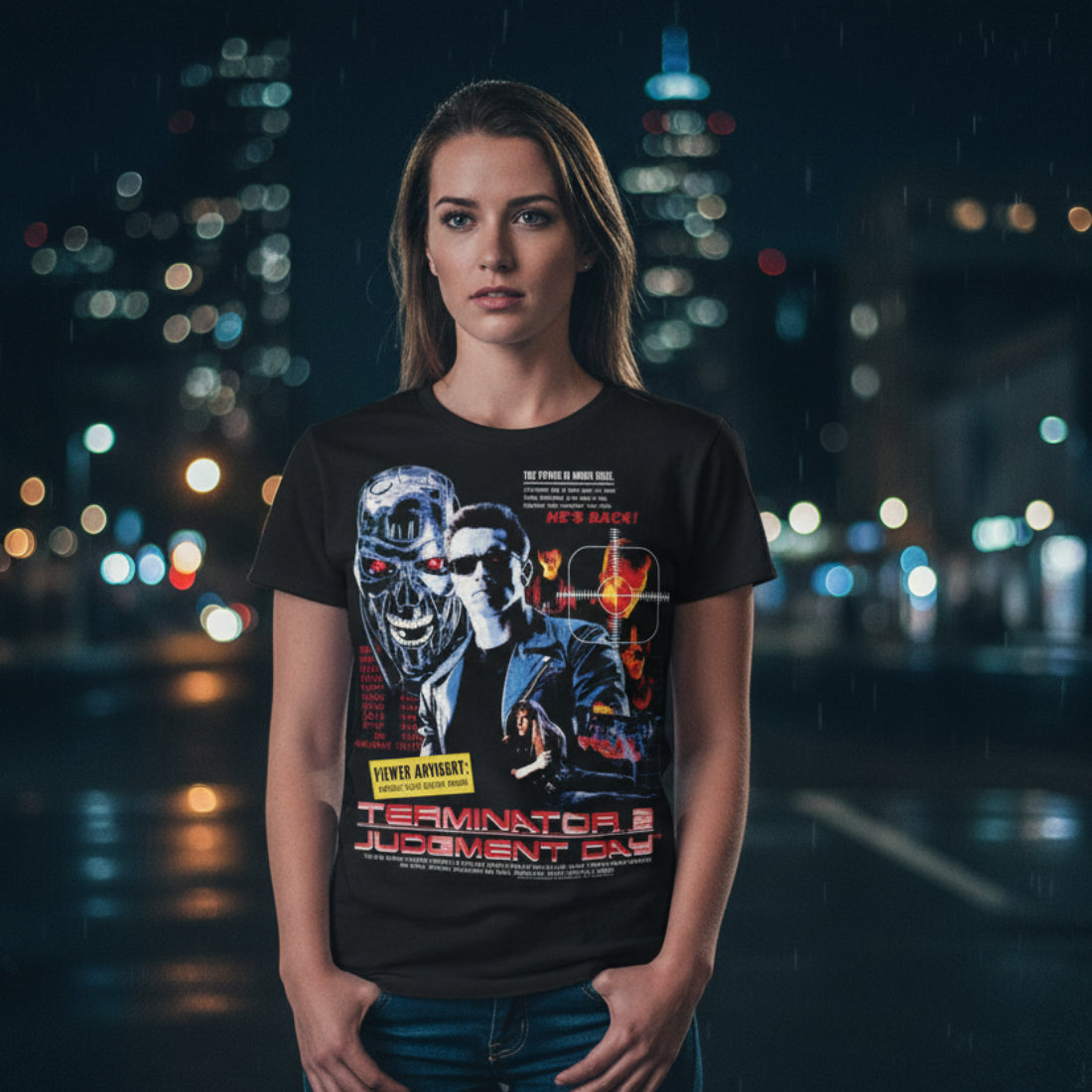 woman wearing Black t-shirt with Terminator graphic design TERT512S, TERT512M, TERT512L, TERT512XL, TERT512XXL, TERT512XXXL, TERT512XXXXL, TERT512XXXXXL