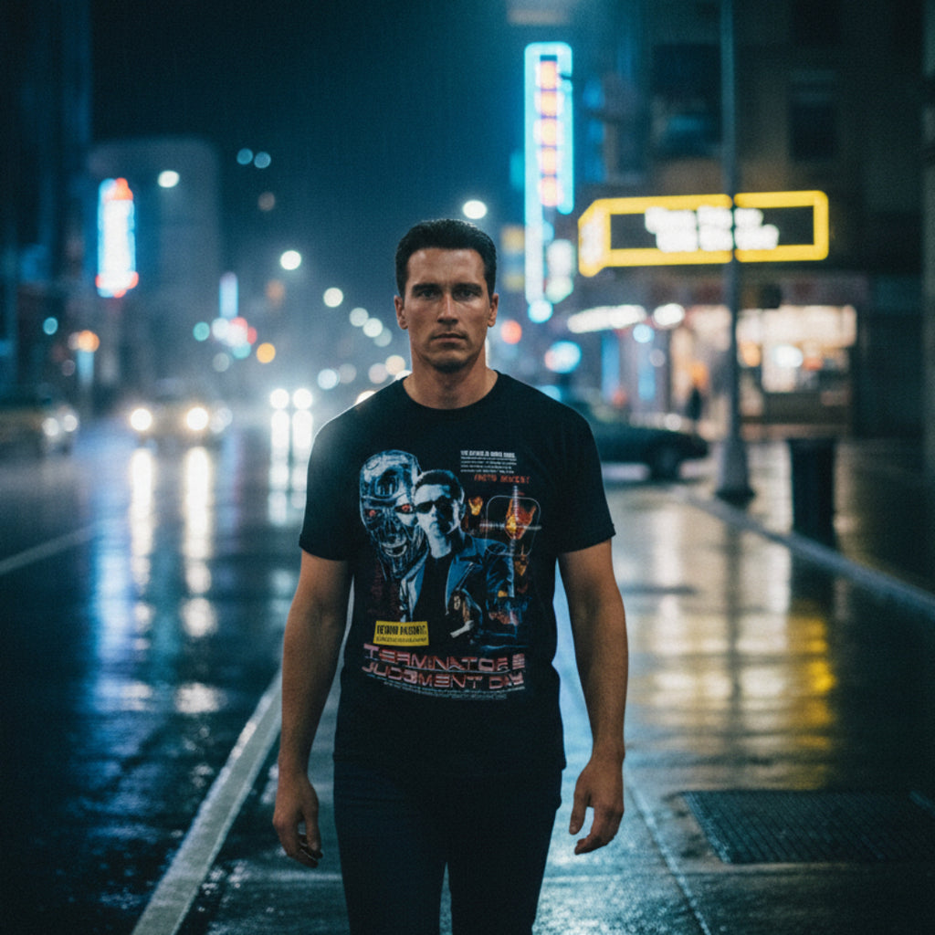 Man wearing a 'Terminator' t-shirt on a neon-lit city street at night. TERT512S, TERT512M, TERT512L, TERT512XL, TERT512XXL, TERT512XXXL, TERT512XXXXL, TERT512XXXXXL