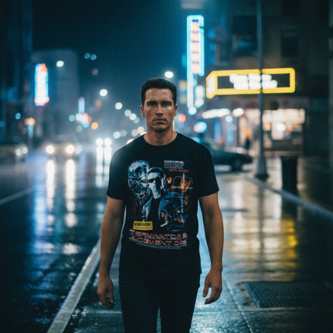Man wearing a 'Terminator' t-shirt on a neon-lit city street at night. TERT512S, TERT512M, TERT512L, TERT512XL, TERT512XXL, TERT512XXXL, TERT512XXXXL, TERT512XXXXXL