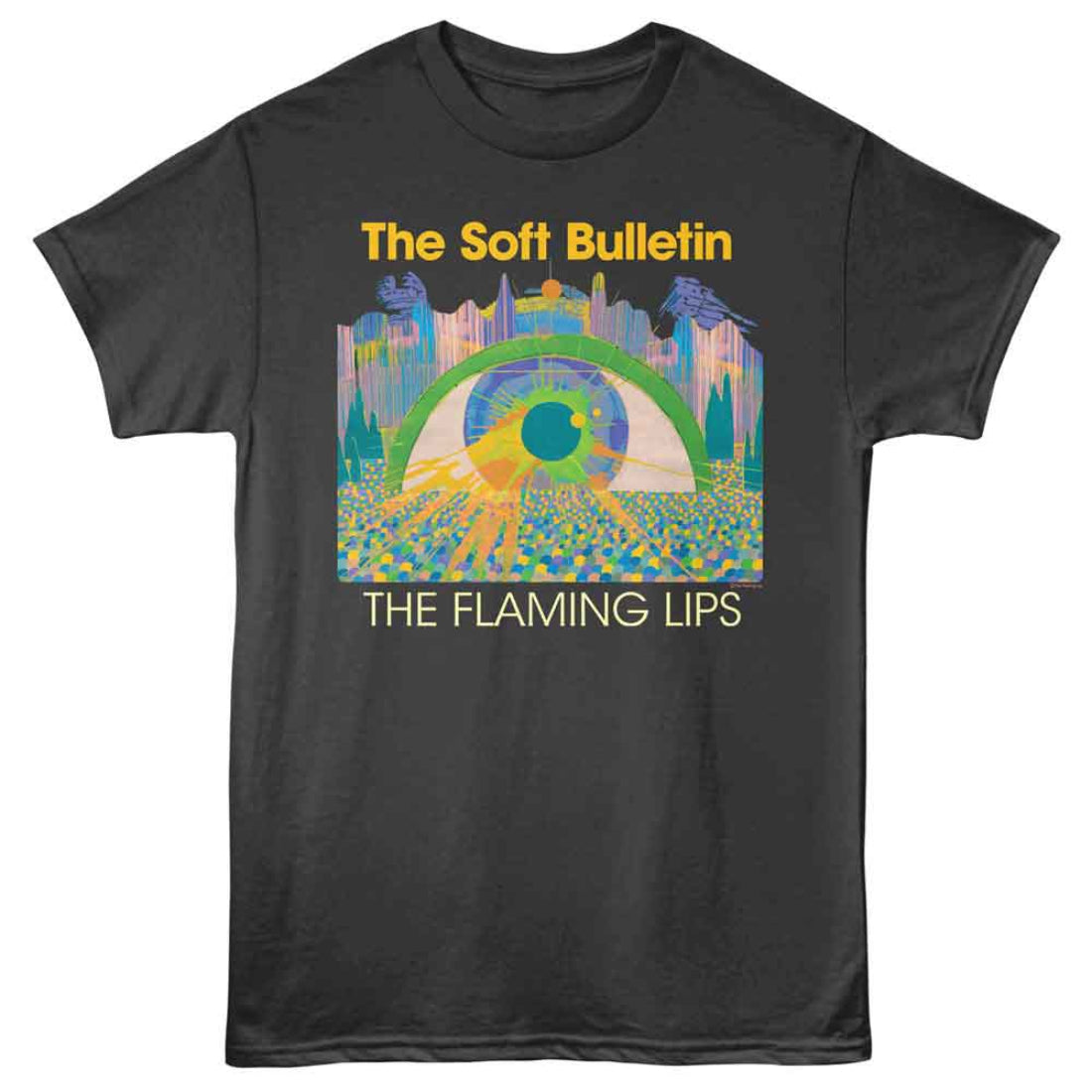 Black t-shirt with 'The Soft Bulletin' graphic and 'The Flaming Lips' text on a white background