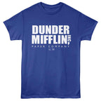Blue The Office t-shirt with 'Dunder Mifflin, Inc. Paper Company' text on a white background