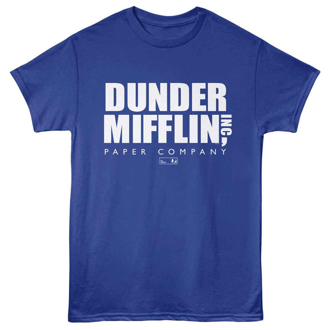 Blue The Office t-shirt with 'Dunder Mifflin, Inc. Paper Company' text on a white background