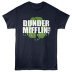 Navy blue t-shirt with 'Dunder Mifflin Inc Paper Company' text and logo on a white background