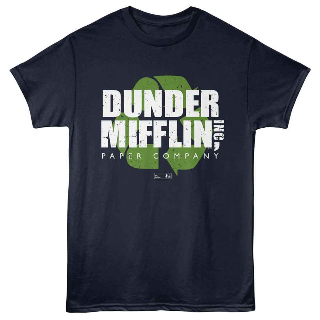 Navy blue t-shirt with 'Dunder Mifflin Inc Paper Company' text and logo on a white background