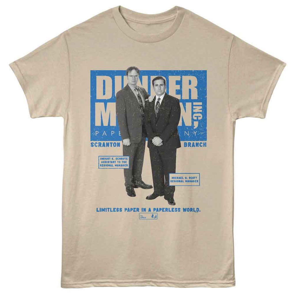 Beige t-shirt with 'Dunder Mifflin' graphic featuring two characters in suits on a blue background.