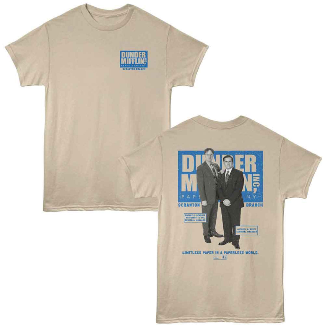 Beige The Office t-shirt with 'Dunder Mifflin' graphic on a white background