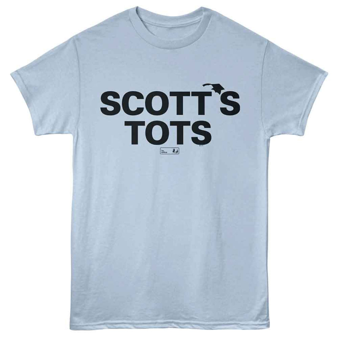 Light blue t-shirt with 'SCOTT'S TOTS' text on a white background