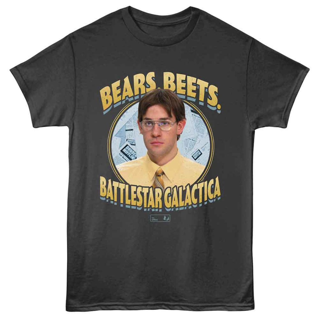 Black t-shirt with a graphic of a person and text 'BEARS BEETS BATTLESTAR GALACTICA' on a white background