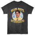 Black t-shirt with a graphic of a person and text 'BEARS BEETS BATTLESTAR GALACTICA' on a white background