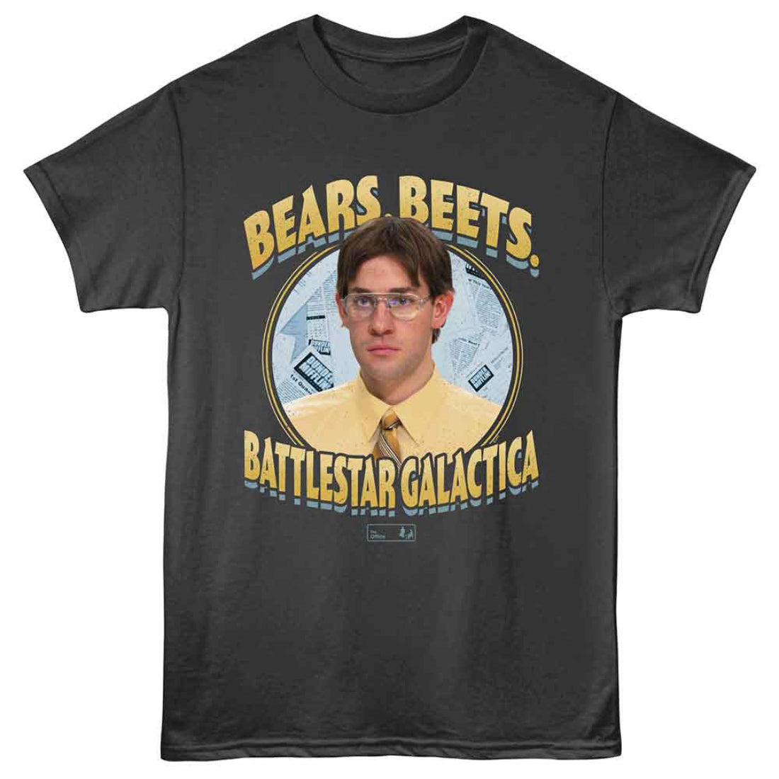 Black t-shirt with a graphic of a person and text 'BEARS BEETS BATTLESTAR GALACTICA' on a white background