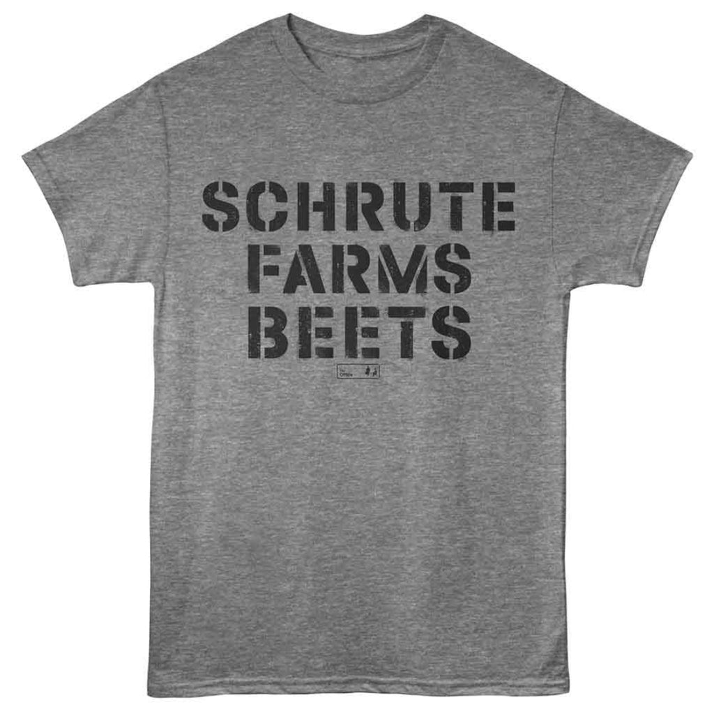 Gray t-shirt with 'Schrute Farms Beets' text on a white background