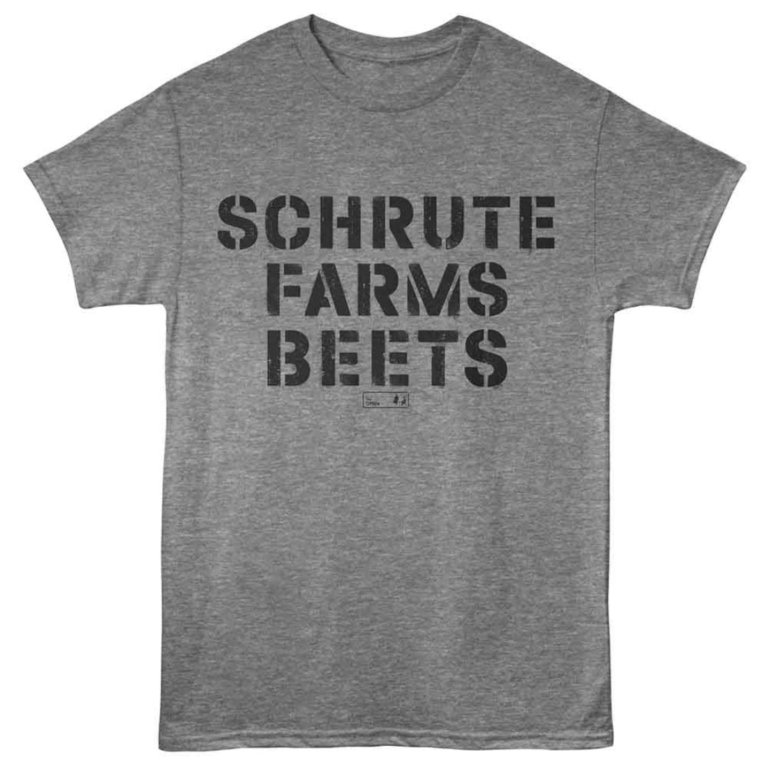 Gray t-shirt with 'Schrute Farms Beets' text on a white background