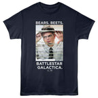 Navy blue t-shirt with a graphic of a person wearing a hat and glasses, text 'BEARS. BEETS. BATTLESTAR GALACTICA.'