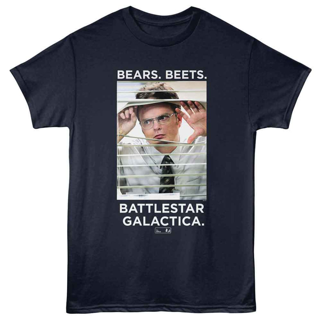 Navy blue t-shirt with a graphic of a person wearing a hat and glasses, text 'BEARS. BEETS. BATTLESTAR GALACTICA.'