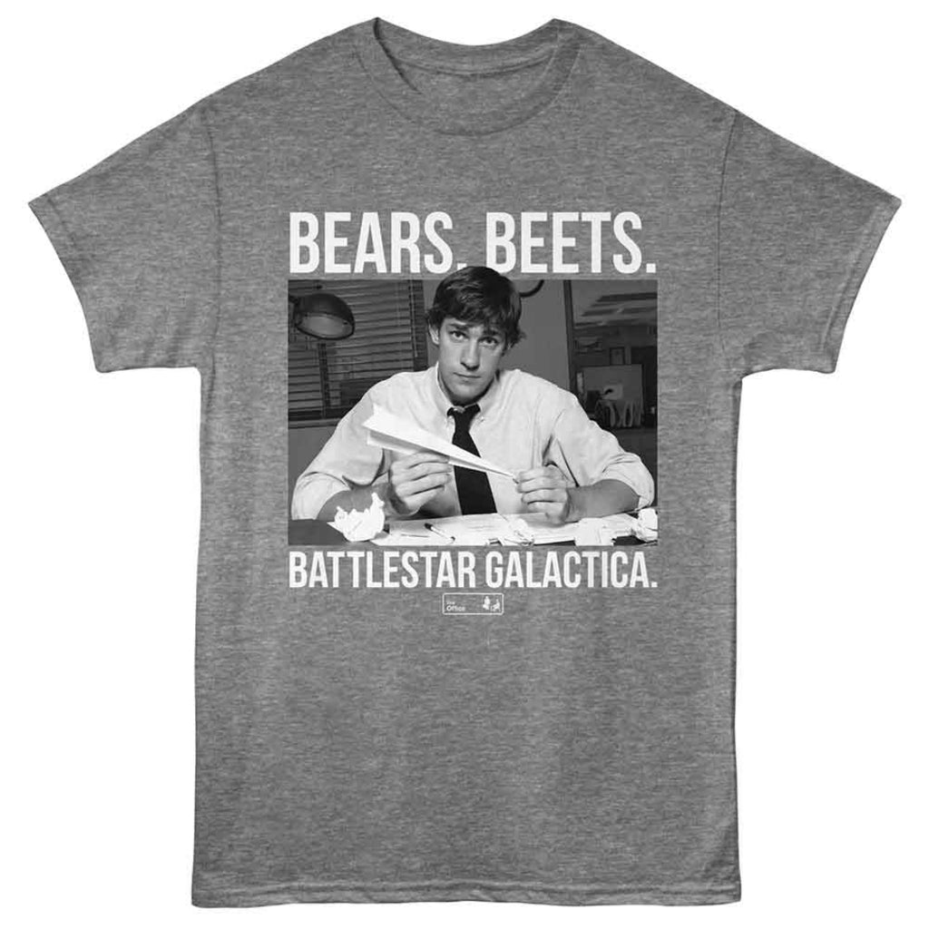 Gray The Office t-shirt with a graphic of a person and text 'BEARS. BEETS. BATTLESTAR GALACTICA.' on a white background
