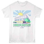 White t-shirt with a graphic of a building and 'Dunder Mifflin Paper Company' text on a white background
