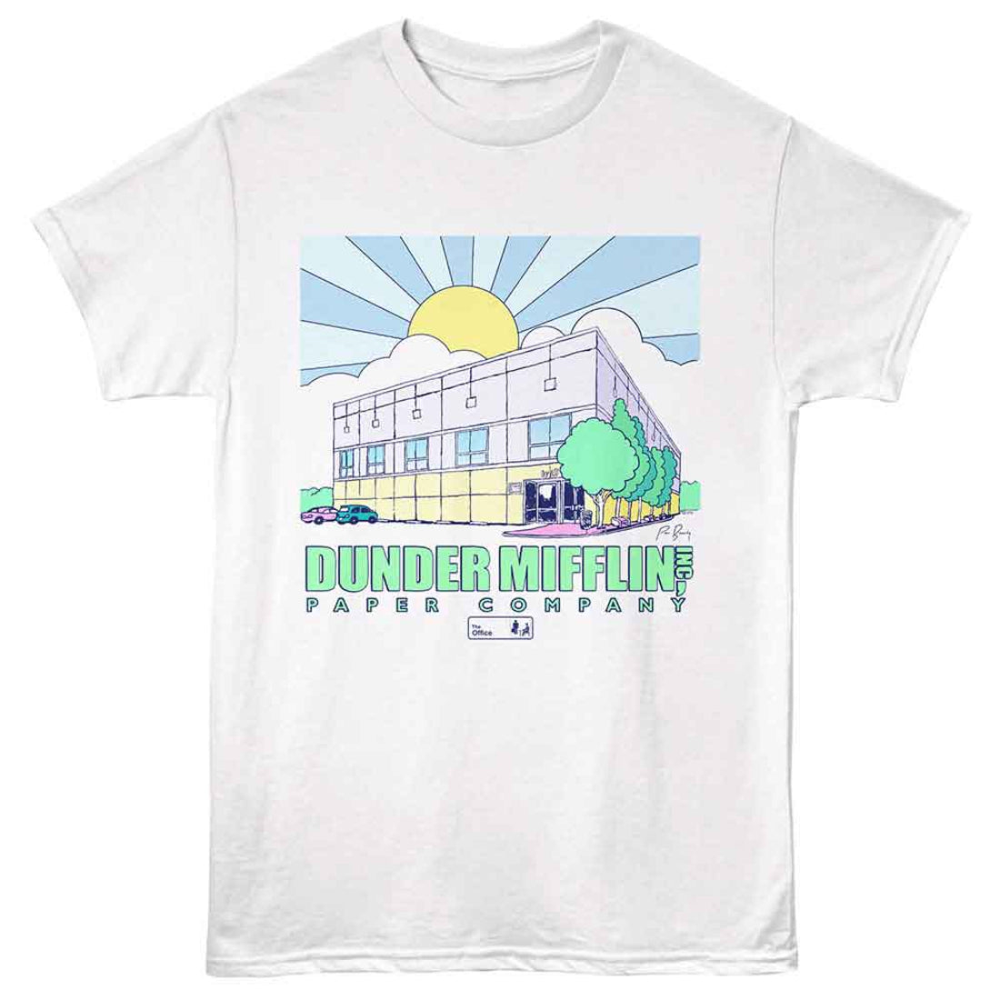 White t-shirt with a graphic of a building and 'Dunder Mifflin Paper Company' text on a white background