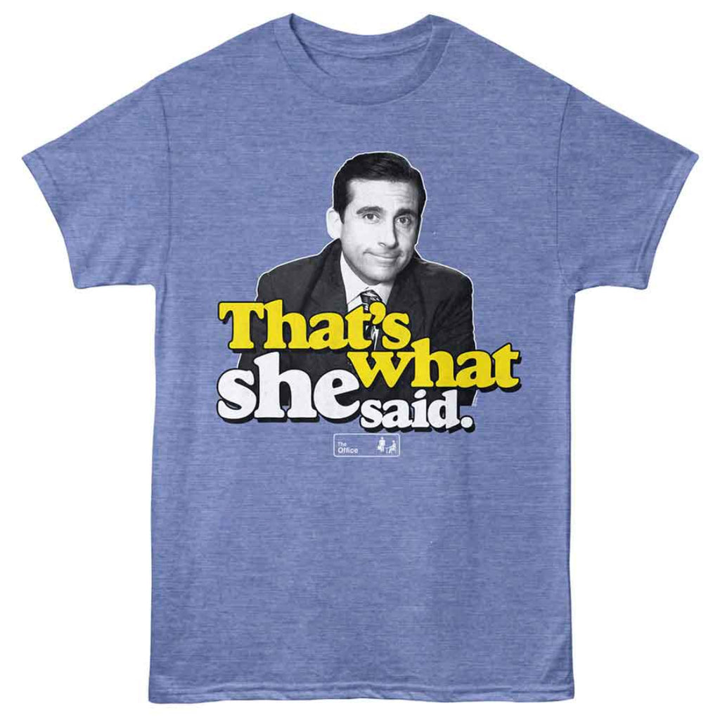 Blue The Office t-shirt with a graphic of a man and text 'That's what she said' on a white background