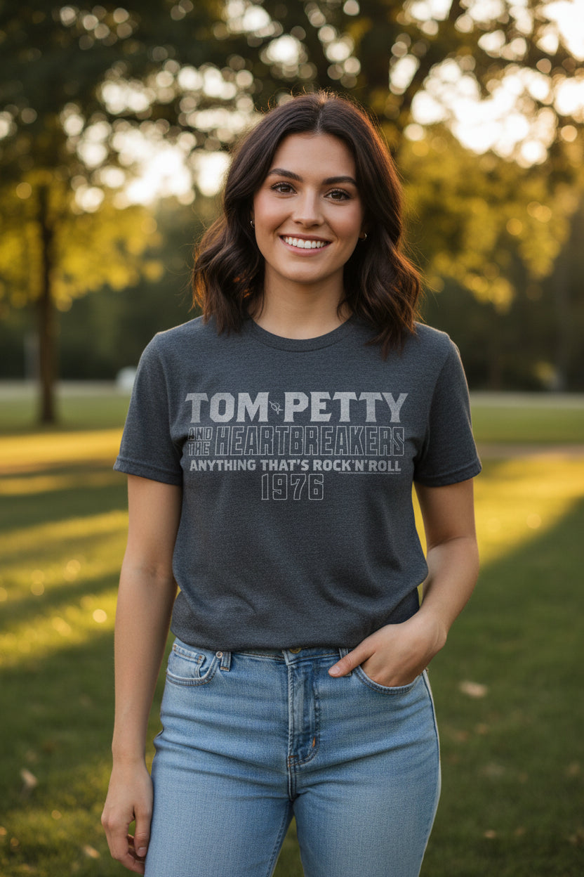 woman wearing tom petty tee TPH524S, TPH524M, TPH524L, TPH524XL, TPH524XXL, TPH524XXXL, TPH524XXXXL, TPH524XXXXXL