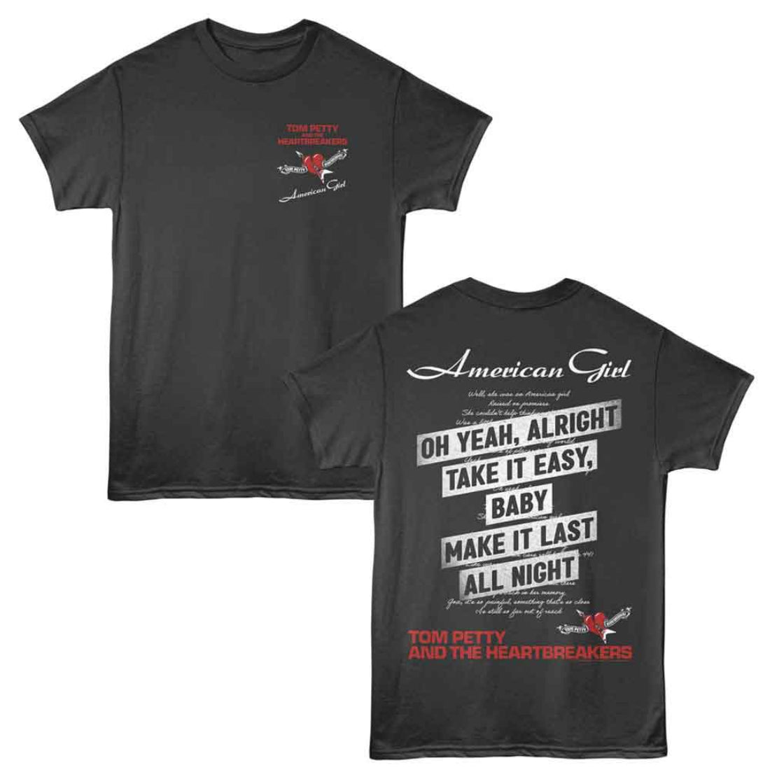 Black t-shirt with 'American Girl' design on front and back, featuring text and logo.