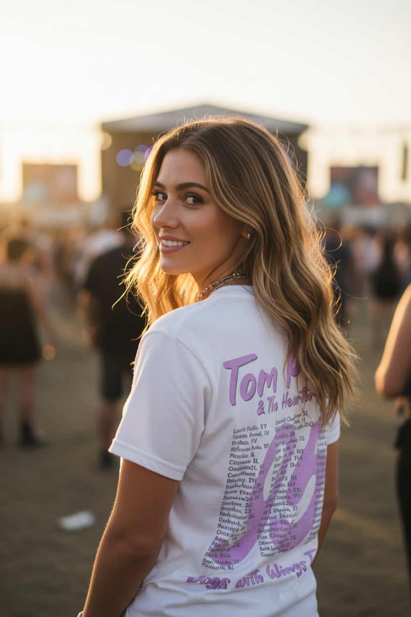 WOMAN WEARING White t-shirt with Tom Petty & The Heartbreakers design featuring an American flag and dove TPH541S, TPH541M, TPH541L, TPH541XL, TPH541XXL, TPH541XXXL, TPH541XXXXL, TPH541XXXXXL
